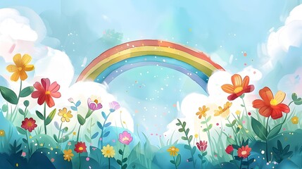 Fototapeta premium Enchanted Garden Blooming with Vibrant Flowers and Whimsical Rainbow in the Sky