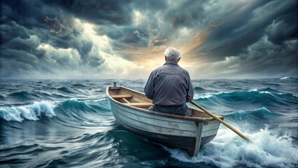 Lonely old man sitting in rowboat on stormy ocean with lightning in the sky