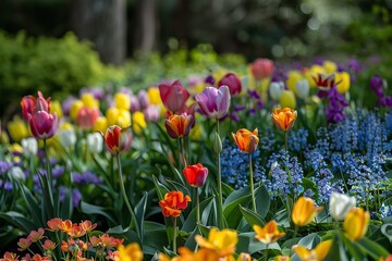 Fototapeta premium A bed of colorful flowers blooms vibrantly in a well-tended garden, showcasing a variety of hues and shapes