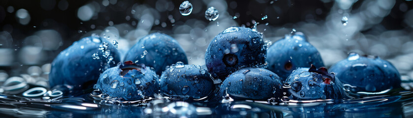 ripe blueberry  captured in an explosive water splash, showcasing their vibrant colors against a dramatic black background.
