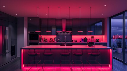 A sleek kitchen island illuminated by a neon pink pendant light, casting a warm glow on the...