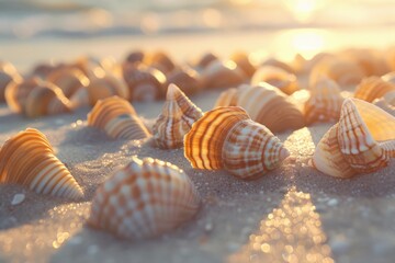 Collection of seashells on a sandy beach, perfect for summer vacation concepts