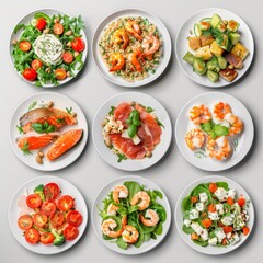 Salads Set, Various Meat and Vegetable Salats with Salmon, Shrimps, Tomatoes, Spices Top View