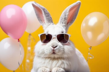 a rabbit wearing sunglasses with white and pink balloons,a yellow background, pet party theme and promotion concept.