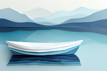 Paper boat sailing on lake with mountain backdrop - Powered by Adobe