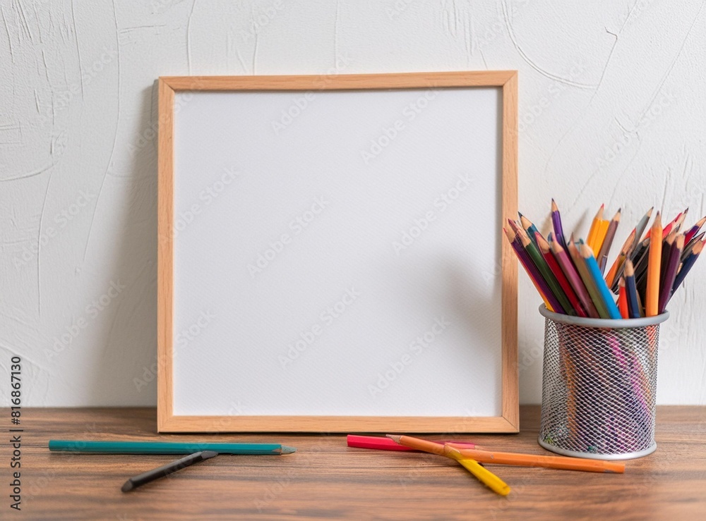 Sticker White frame mockup isolated on wooden countertop next to pencils to write (copy space)