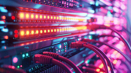 Fototapeta premium Vibrant close-up of a server rack with glowing red and blue lights and detailed network cables.