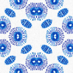 Indigo blue tie-dye handmade textile seamless pattern. Asian style abstract blotched dyed effect print.