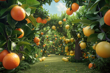 Lush orange orchard with abundant orange trees