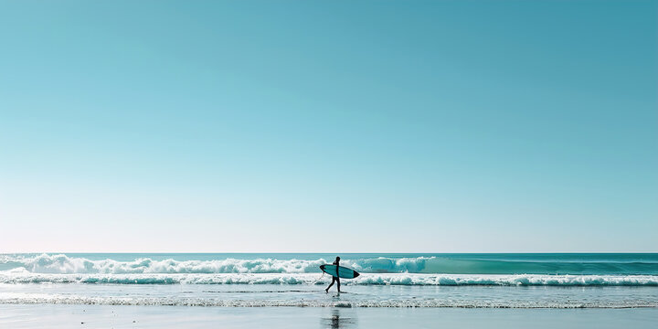 Surfer walking along beach with surfboard - Powered by Adobe