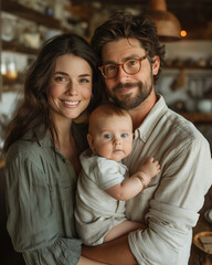 A family of three, a man, a woman and a baby, are smiling for the camera