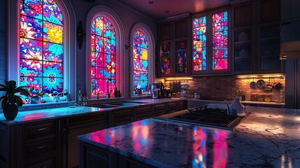 A traditional kitchen with neon burgundy stained glass window, casting colorful reflections on the...
