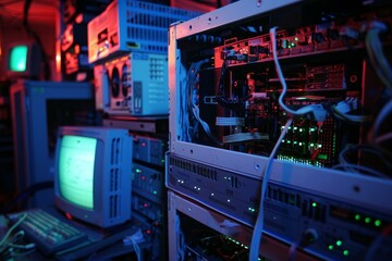 Modern server room glowing with neon blue and red lights, highlighting advanced technology
