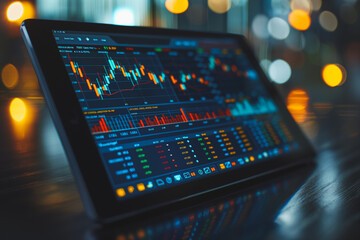 Obraz premium A tablet with a screen displaying a stock market graph