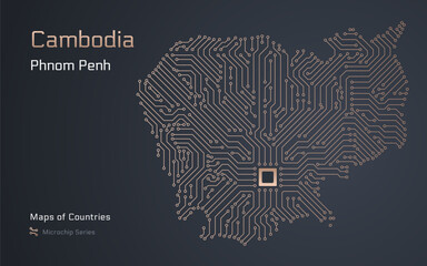 Cambodia Map with a capital of Phnom Penh Shown in a Microchip Pattern with processor. E-government. World Countries vector maps. Microchip Series