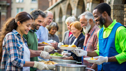 Volunteers close up are serving meal to homeless