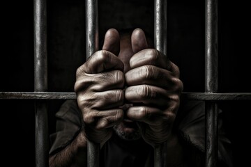 A man is standing with his hands gripping the bars of a jail cell. Generative AI
