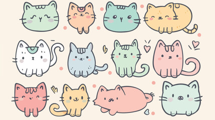 Cute cat doodle pastel color set icon style vector