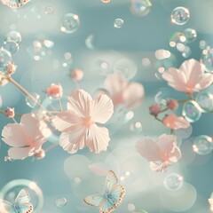 Seamless floral pattern with a simple artistic combination of soft pastel colours, bubbles and butterflies creates a dreamy floral background reminiscent of spring. Multicoloured painting style