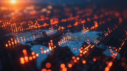 A computer generated image of a globe with a bright orange sun in the background