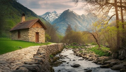 Beautiful little house in a spring forest aside from a cobblestone path and a babbling brook. Stonewall Mountains on the horizon