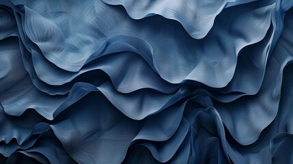 : An artistic interpretation of a fashion-inspired wallpaper design, showcasing dynamic wavy layers and cascading ruffles in shades of blue, 