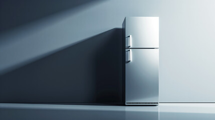 Minimalistic image of a metallic refrigerator against a plain, blue-gray wall with dramatic side lighting casting long shadows.