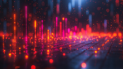 Obraz premium A colorful cityscape with bright lights and a blue sky