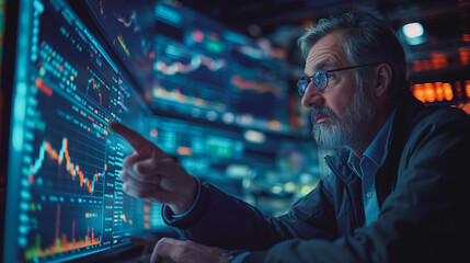 A Business man looking at a computer screen with pointing at on the screen