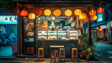 Night scene of a vibrant street food stall adorned with red lanterns, displaying various food items...