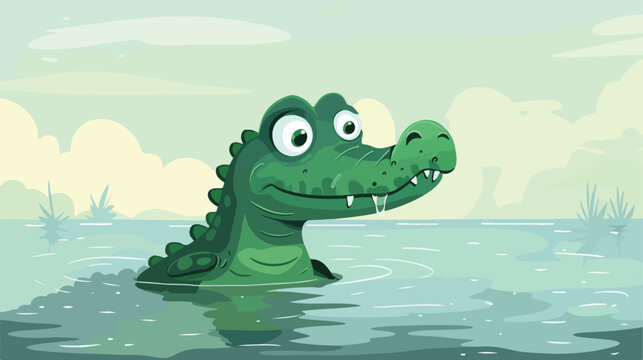 Cute crocodile or alligator sticking head out of wate