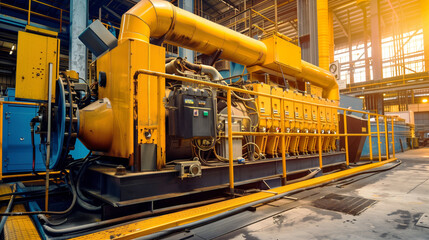 Naklejka premium Large orange industrial generator inside a manufacturing plant with steel beams and blue machinery.
