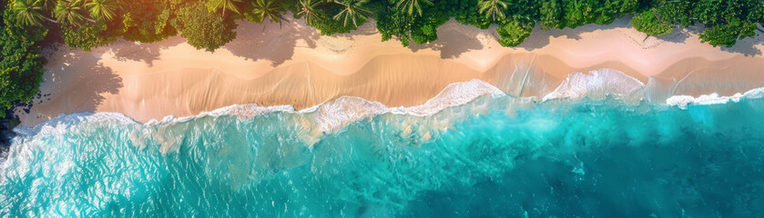 An idyllic aerial perspective of a secluded tropical beach with crystal-clear waters edged by a lush green forest.