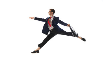 Motivated and ambitious businessman in formal wear, with briefcase in motion, leaping to work isolated on white background. Team leader. Concept of business, office lifestyle, success