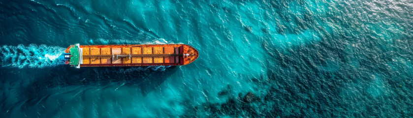 Top view aerial image from the drone of a stunningly beautiful ocean and Cargo Ship