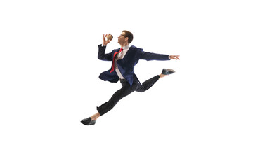 Fototapeta na wymiar Energetic businessman in mid-leap pose jumping to work, drinking coffee on his way isolated on white background. Employee showing excitement. Concept of business, office lifestyle, motivation