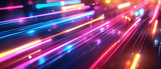 Naklejka premium Neon light streaks in a motion blur effect, dark gradient background with colorful horizontal lines
