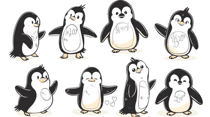 Cute doodle penguins cartoon set style vector