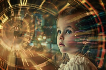 Wideeyed girl marvels at futuristic digital graphics, symbolizing wonder and future technology