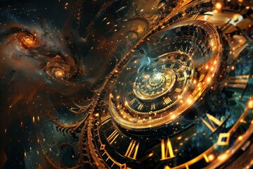 Golden and bronze cosmic clockwork vortex in surreal and imaginative digital art concept featuring intricate mechanical design and futuristic technology with a steampunk twist