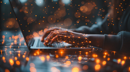 A person is typing on a laptop with a glowing background