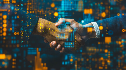 A handshake between two people is shown in a digital image