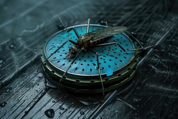 A fly perched on a clock on a table. Suitable for time management concepts