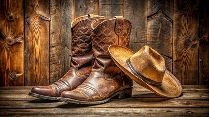 Retro cowboy hat and pair of old leather boots