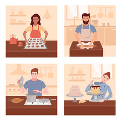 Hand drawn flat cooking and bakery illustration set with people cooking a recipe