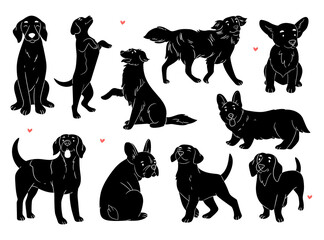 Hand drawn cute dog silhouette set collection