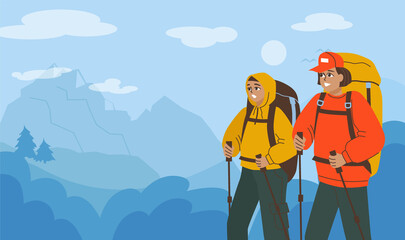 Hand drawn flat hiking background on natural landscape