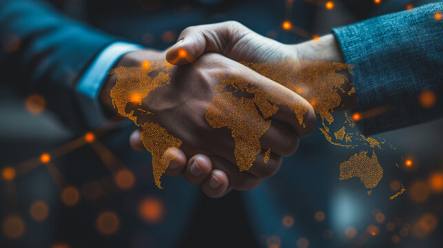 Two people shaking hands with a globe in the background