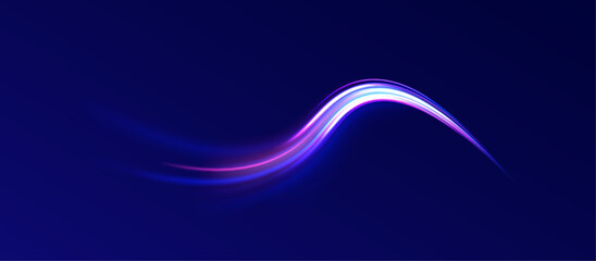 Lines in the shape of a comet against a dark background. Elegant bright neon linear wave. Speed of light concept background.  © ANATOLII