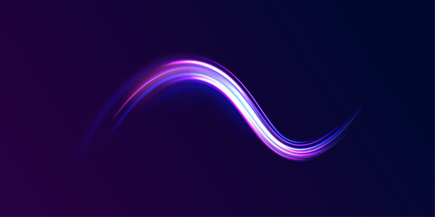 Lines in the shape of a comet against a dark background. Elegant bright neon linear wave. Speed of light concept background.  © ANATOLII